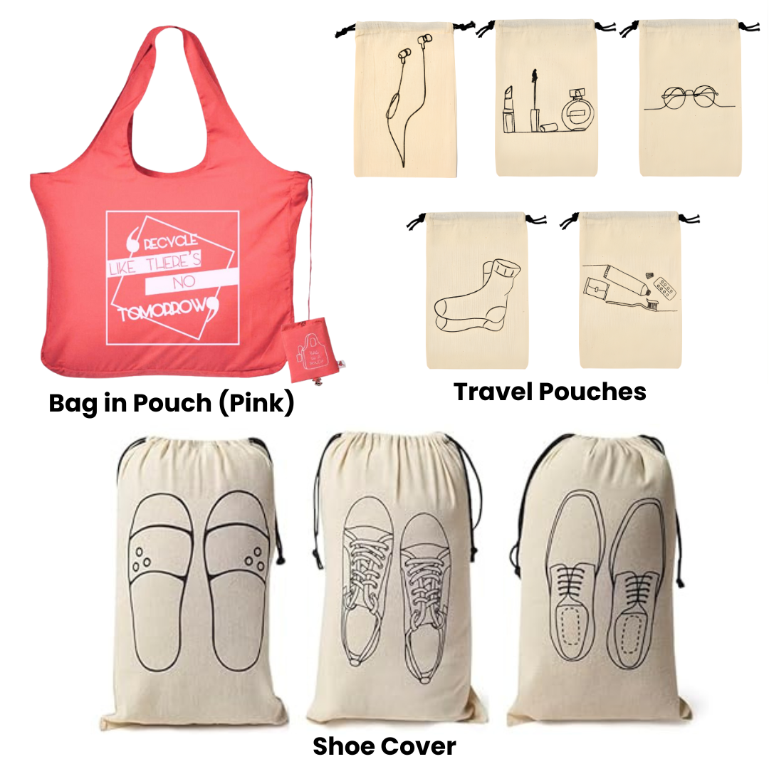 1-foldable-microfiber-tote-bagpink-5-cotton-travel-pouches-and-3-shoe-cover-for-travel-home-storage-pack-of-9