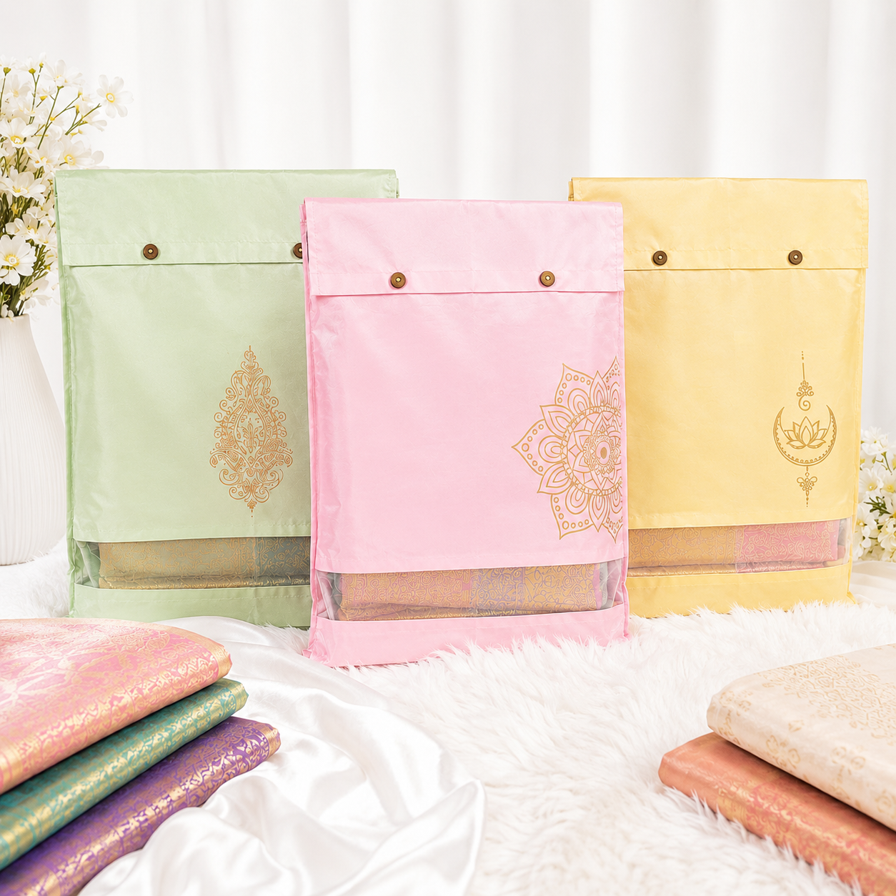 ivillage-multicolour-polysilk-saree-covers-with-transparent-window-button-closure-16-x-14-inch-wardrobe-organizer-bags-for-travel-wedding-pack-of-3