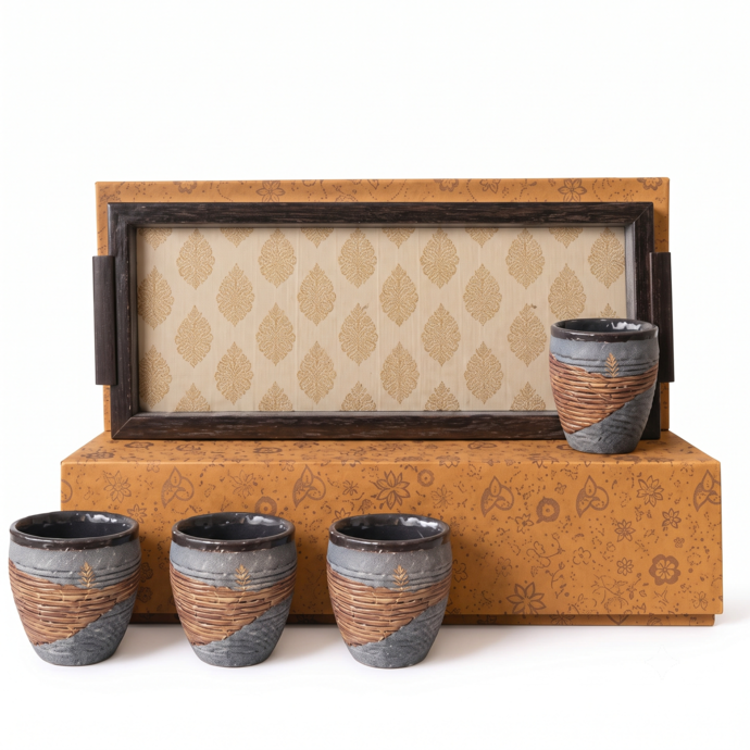 tea-mugs-with-silk-embroidered-serving-tray-set-of-4