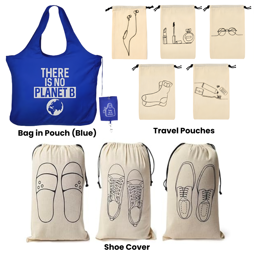 travel-combo-with-1-foldable-microfiber-tote-bagblue-5-cotton-travel-pouches-and-3-shoe-cover-for-travel-storage-pack-of-9
