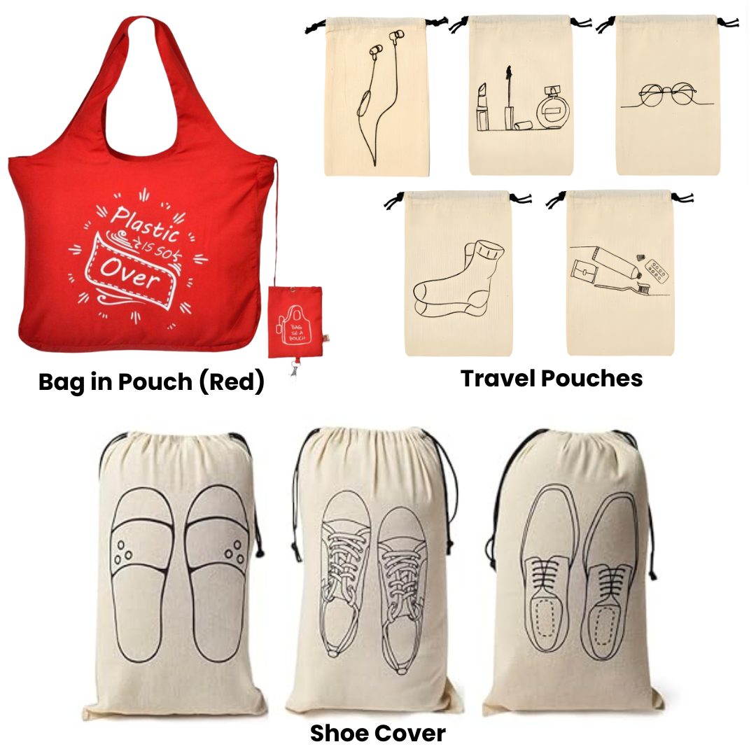 travel-combo-with-1-foldable-microfiber-tote-bagred-5-cotton-travel-pouches-and-3-shoe-cover-for-travel-pack-of-9