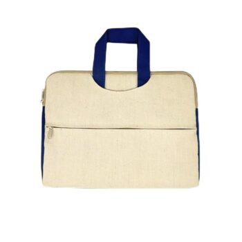 Eco-friendly jute laptop bag with front pocket and zipper closure.